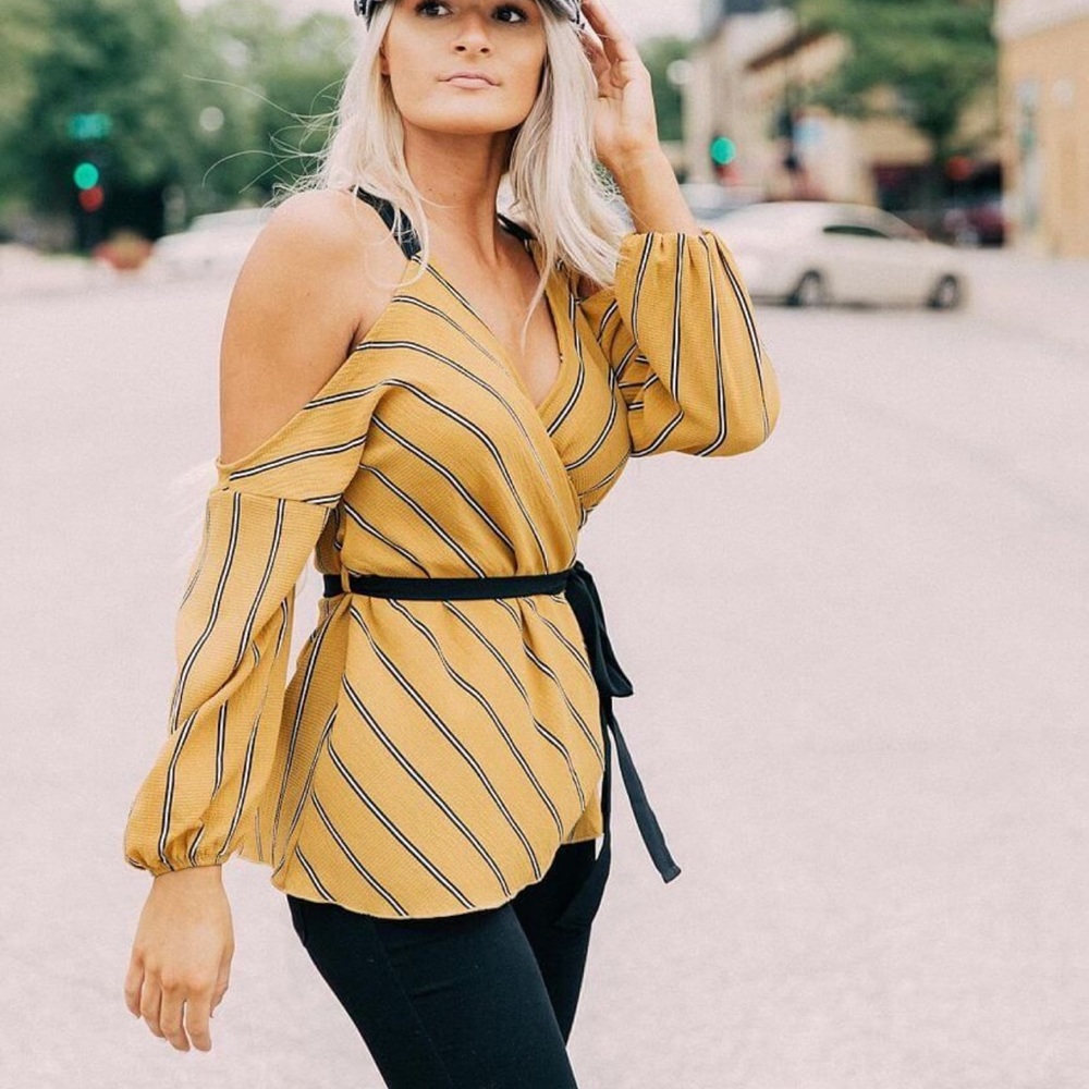 Willow & Root Striped Cold Shoulder Wrap Tie Top